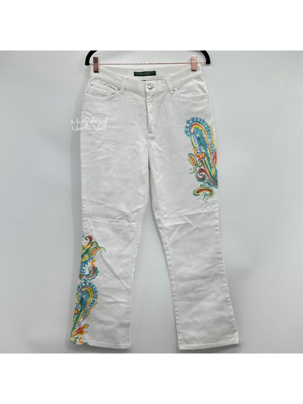 Ralph Lauren White Jeans with Colorful Paisley Print Flare Fit Denim Jeans Size